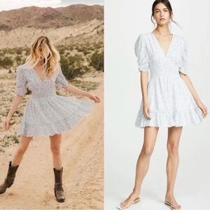 Cleobella Sadie Cottage Core blue and white smocked waist Puff Sleeve Boho Dress